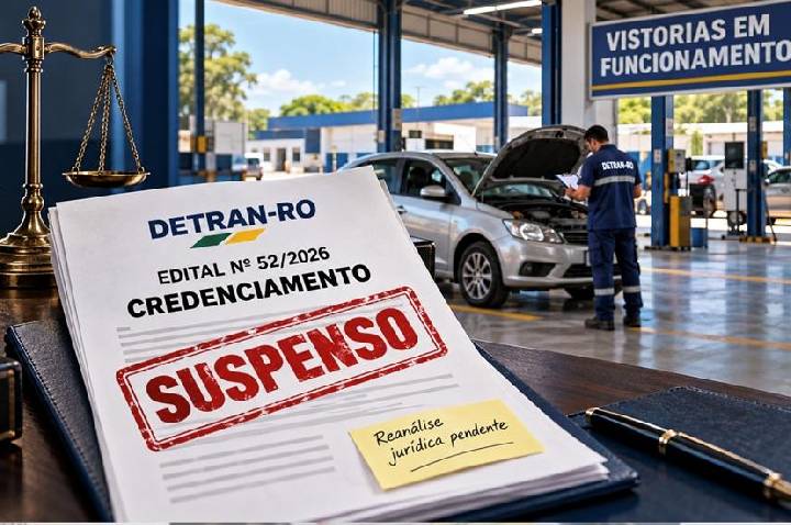 Justiça suspende credenciamento de vistorias do DETRAN-RO: edital saiu sem a nova análise que a Procuradoria exigiu