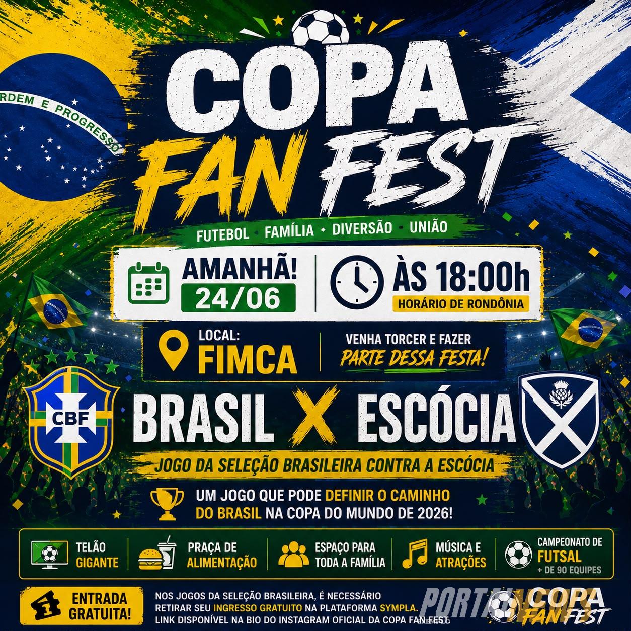 Brasil x Escócia promete lotar Copa Fan Fest nesta quarta-feira e mobiliza torcedores em Porto Velho.